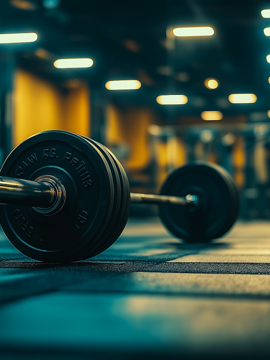 Loaded barbell resting on a gym floor