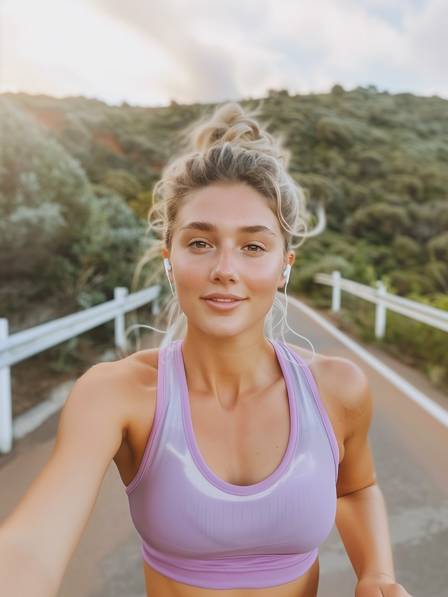 Woman jogging outdoors past green hills