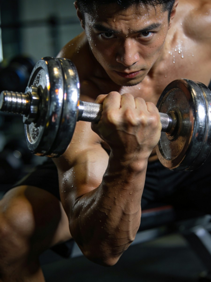 Man lifting a dumbbell, sweat on his arm