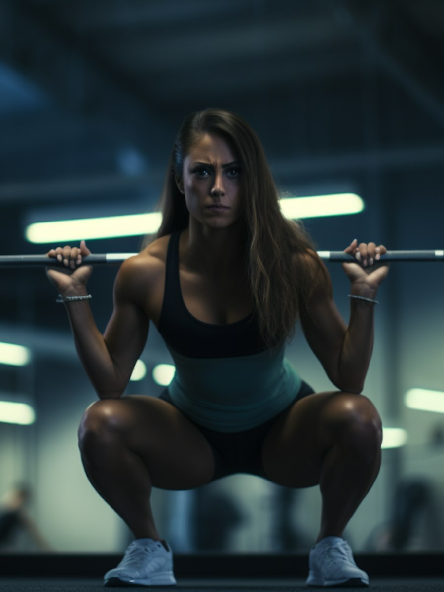 Woman squatting with a barbell in a dim gym