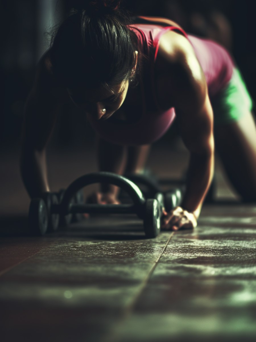 Woman doing push-ups on parallettes in a gym